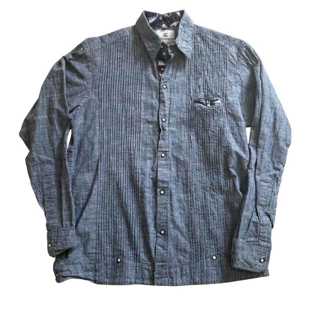 Guayabera Ki 100% Linen Gray Pintuck Paisley Flip Cuff Long Sleeve Size 38 Large